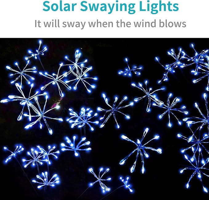 JJGoo Solar Garden Lights, New Upgraded 2 Pack Solar Swaying Starburst Light, Waterproof Fireworks Outdoor Lights, Yard Patio Pathway Decoration, Blue