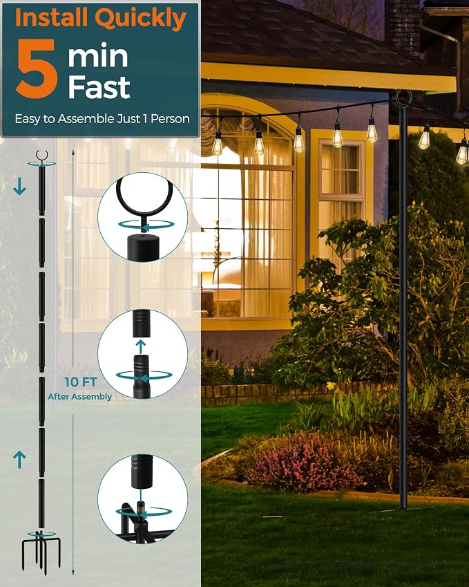 LAND·VOI Metal String Light Poles for Outside Hanging - Backyard, Garden, Patio, 2 Pack Lighting Stand with Adjustable Height for Outdoor Parties, Wedding, Extra-Long 5-Prong Claws, (10FT) FLP02B