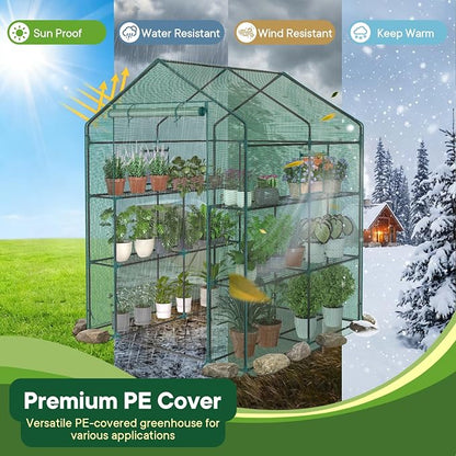 OLIXIS Outdoor Greenhouse, Walk-in Greenhouse with 2 Tier 8 Plant Shelves, Durable PVC Cover, 56"x56"x77" Portable Greenhouses for Outdoor Garden, Patio, Porch, Backyard Green Houses, Green