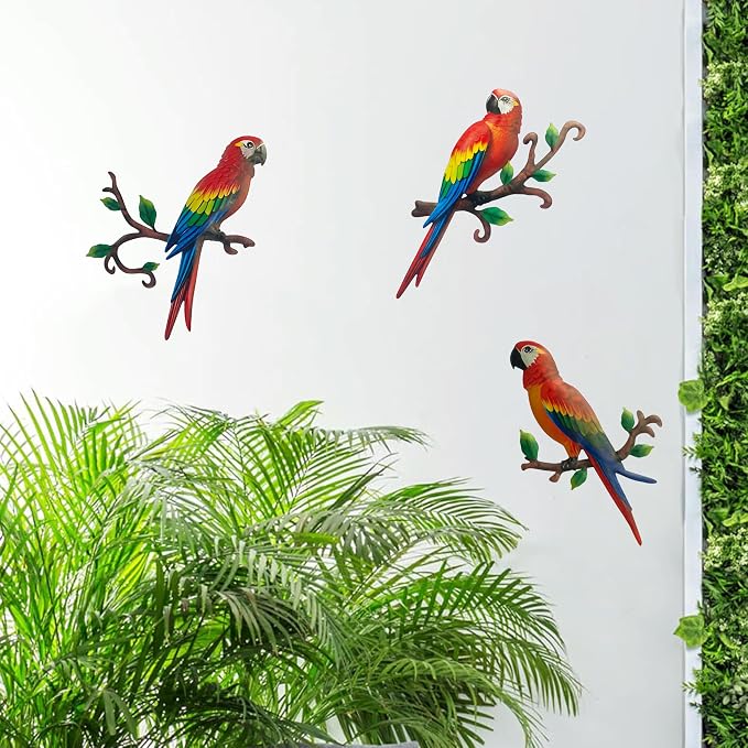 Limygus 3 Pack Colorful Tropical Metal Parrot Wall Art, Indoor Outdoor Hanging Decor for Garden Yard Balcony Bedroom