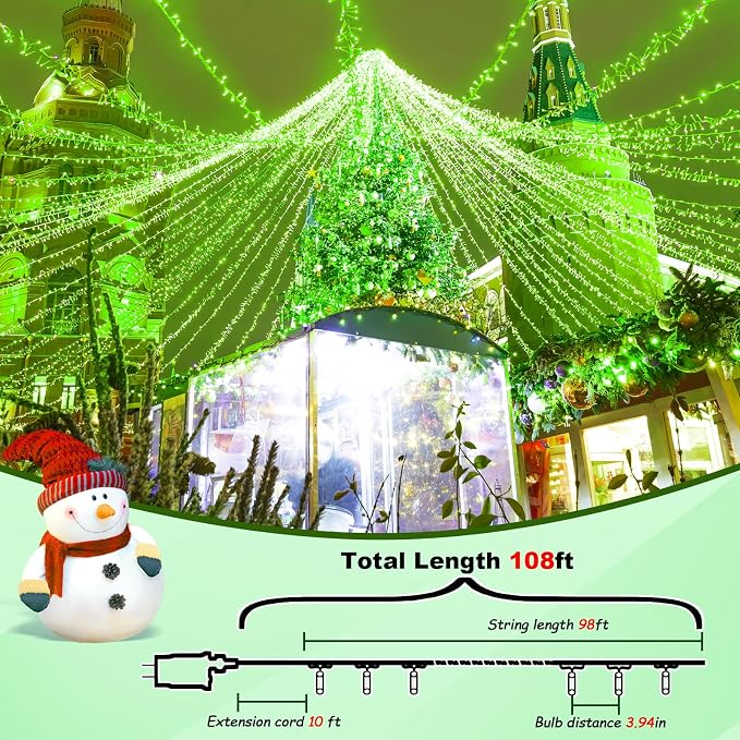 300 Led Green Outdoor String Lights Waterproof St. Patrick's Day Decorations, 108 Ft Led Twinkle Lights for Bedroom, 8 Modes Plug in Fairy Lights for Christmas Room Decor