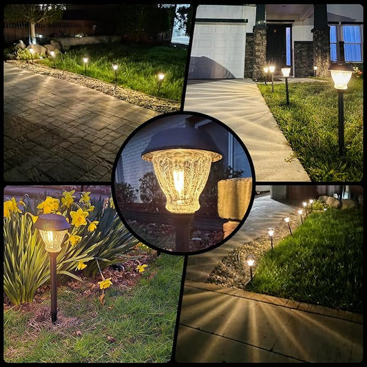XMCOSY+ Solar Pathway Lights Outdoor, 8 Pack Decorative Crackled Glass Garden Lights, Soft Warm White Glow, Auto On/Off Waterproof Landscape Lighting for Yard Walkway Patio