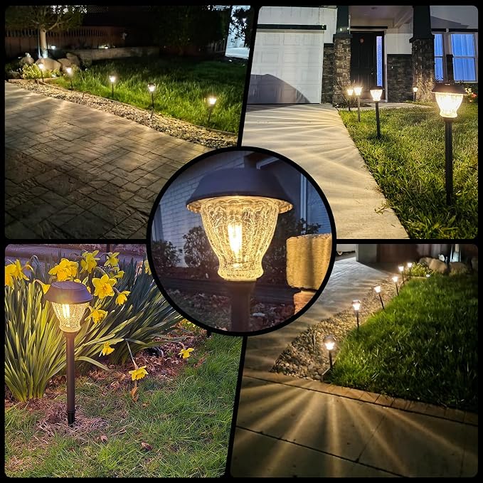 XMCOSY+ Solar Pathway Lights Outdoor, 6 Pack Crackled Glass Solar Garden Lights, Warm White Dusk to Dawn, Waterproof Auto On/Off Landscape Lighting for Yard Walkway Driveway Patio