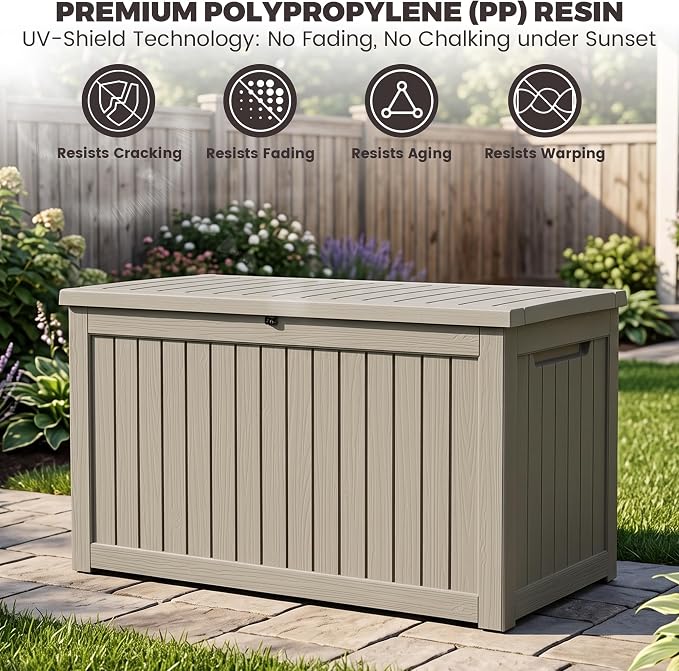 Outdoor Storage Box, 270 Gallon Waterproof Deck Box [Upgraded 3.1], Giant Resin Storage for Large Cushions, Heavy Duty Outside Lockable Bench Seat, Large Backyard Party, Grey