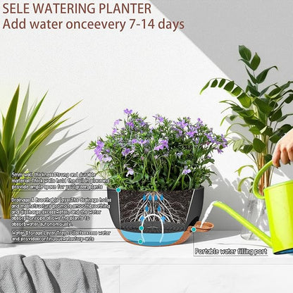 12" Self Watering Hanging Planters with Chains, Black Brown，2 Pack | 43 Oz removable self-watering reservoir, for indoor/outdoor plants, patio & garden
