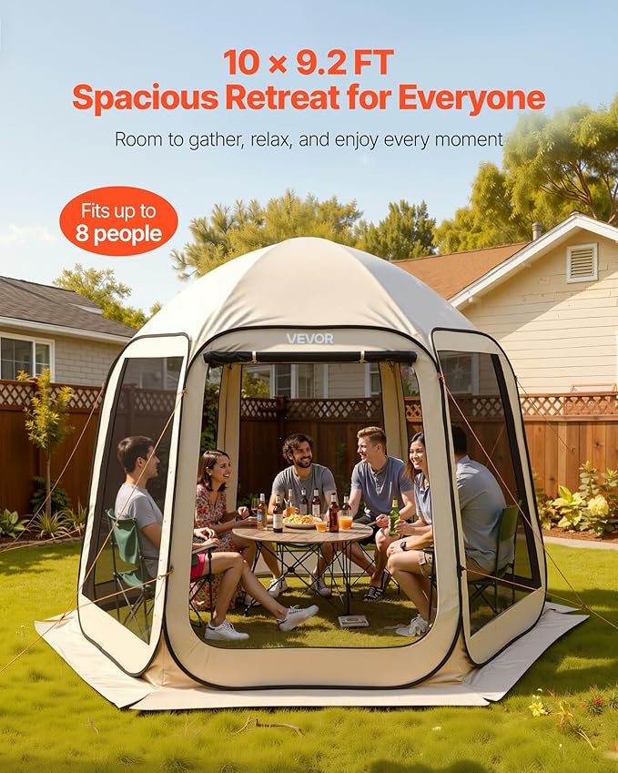 VEVOR Pop up Screen House Tent, 10 x 9.2 ft, 4-8 Person Screen Gazebo, Portable Screened in Canopy with Carry Bag, Netting Sides, Ground Stakes, for Garden, Patio, Backyard, Outdoor Activities, Beige