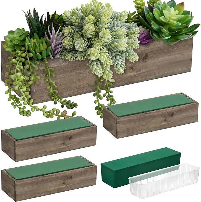 Dandat 4 Set Wood Boxes for Centerpieces 12x4 Inch Rectangle Wooden Planter Box Rustic Wooden Planters with Removable Plastic Liner Floral Foam Blocks for Christmas Wedding Home Garden Decor(Brown)