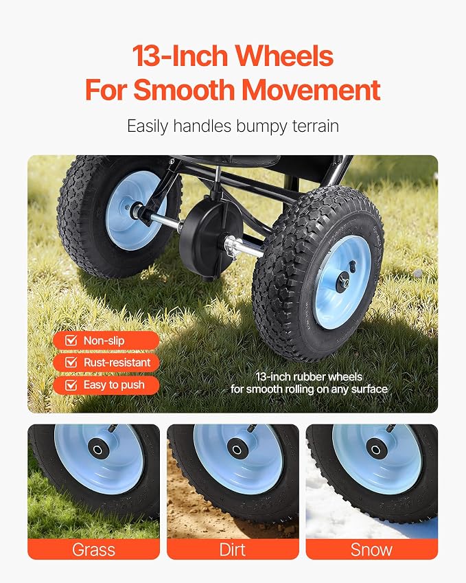 VEVOR Broadcast Spreader, 100LBS Capacity, Walk-Behind Push Spreader, 0-9.8ft Spreading Width, 13 in All Terrain Pneumatic Tires, Fertilizer Spreaders with Hopper Grate, for Seed Salt Ice Melt