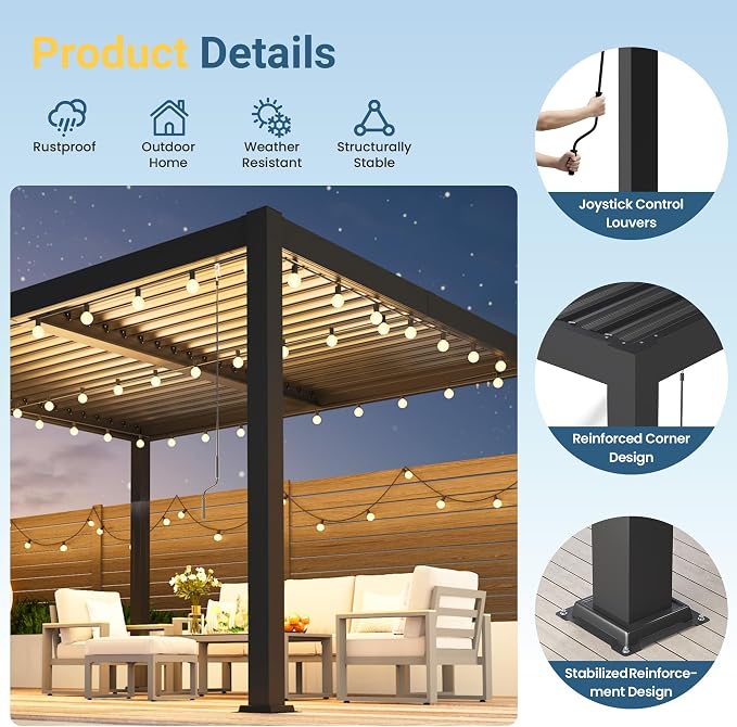 10' x 12' Louvered Pergola, Aluminum Frame Outdoor Pergola with Adjustable Louvered Roof & Integrated Gutter System, Hardtop Patio Gazebo for Backyard, Deck, Garden, Dark Gray