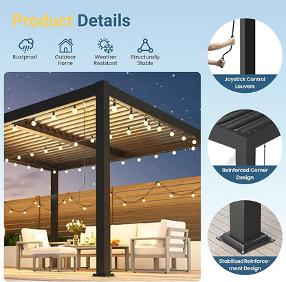 10' x 12' Louvered Pergola, Aluminum Frame Outdoor Pergola with Adjustable Louvered Roof & Integrated Gutter System, Hardtop Patio Gazebo for Backyard, Deck, Garden, Dark Gray