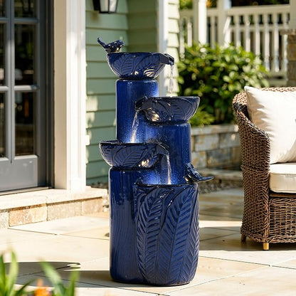 33" H Ceramic Outdoor Water Fountain with LED Lights, 4-Tier Bowl Water Feature with Birds, Cobalt Blue Glaze, Embossed Leaf Pattern, Cascading Waterfall for Tranquil Garden, Patio, or Porch