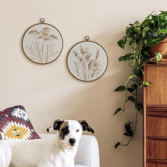 TLESKE Beige Rustic Fall Botanical Round Wall Art Decor Set of 2, Boho Wildflower Floral Framed Canvas Prints Wall Art Artwork, Neutral Vintage Farmhouse Hanging Decor for Bedroom Living Room 10x10