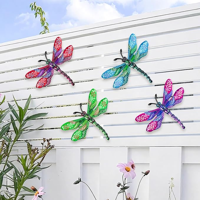 SUNREEK Metal Dragonfly Wall Decor - 9.6" Outdoor Fence Wall Art, Hanging Decorations for Garden Yard Patio Room Decorations, 4 Pack (Color-5)
