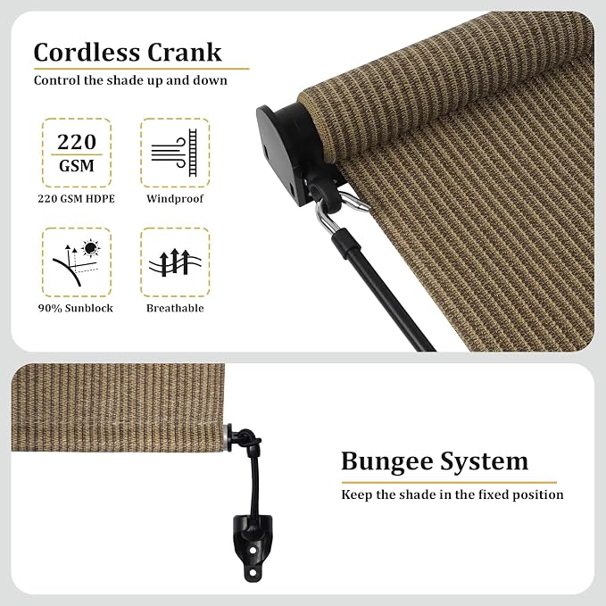 Shade&Beyond Outdoor Roller Shades with Splicing Design, 7' W x 8' H Cordless Patio Roll Up Blinds, Exterior Shade Cloth Roll for Porch, Gazebo, Pergola, Balcony, Coffee Brown