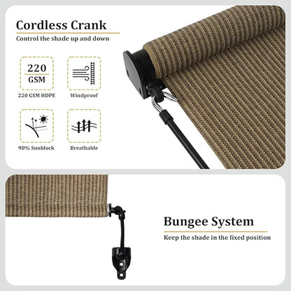 Shade&Beyond Outdoor Roller Shades with Splicing Design, 8' W x 6' H Cordless Patio Roll Up Blinds, Exterior Shade Cloth Roll for Porch, Gazebo, Pergola, Balcony, Coffee Brown