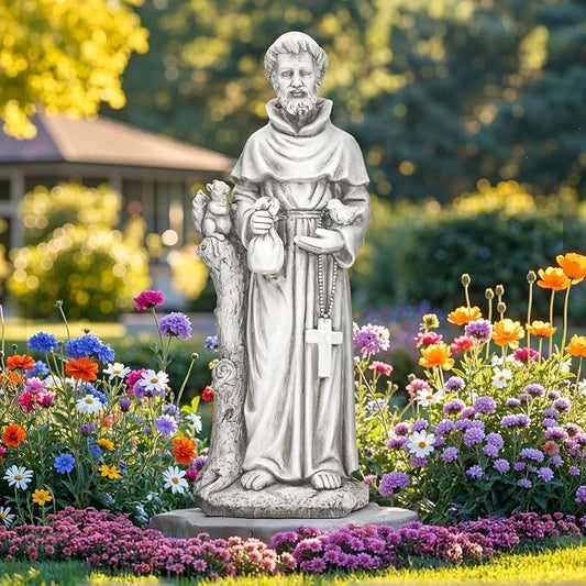 St Francis Garden Statue, 31" Large Catholic Outdoor Statues | Christian saint sculpture for prayer, meditation, and patio decor. Patron of animals, weather-resistant MGO stone.