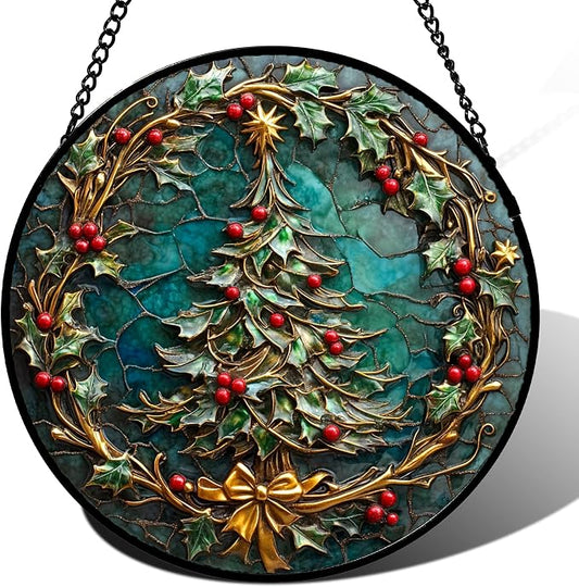 DASTOLL Stained Glass Window Hangings - Red Gold Green Wreath Suncatcher for Door Home Christmas Tree Decoration Sun Catcher Thanksgiving New Year Birthday Gift for Women Men Mom Grandma 15 in