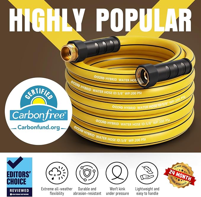 Garden Hose 50 ft x 5/8" with Nozzle, Water Hose Heavy Duty Flexible, Lightweight Kink-less Hybrid Hose with Swivel Handle, Male to Female Fittings