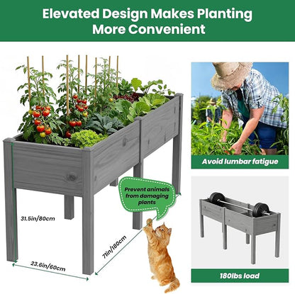 SUNYRISY Dual Wooden Raised Garden Bed Outdoor with Legs for Gardening, 71" L x 23.6" W x 31.5" H Elevated Planter Garden Box Raised Bed for Vegetable Flower Herb, Gray