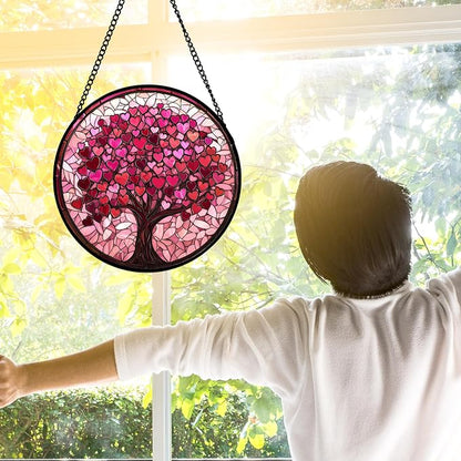 Stained Glass Window Hanging, Birthday Gifts for Women Mom Grandma Nana Wife Couple, Pink Love Tree Suncatcher for Doors Window Home Sun Catchers Gifts Decor 9.8 in