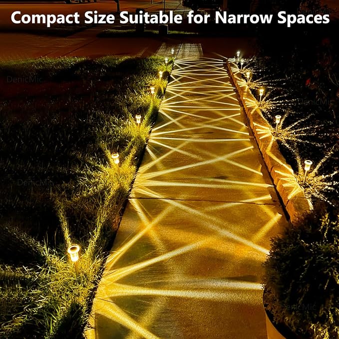 DenicMic Solar Garden Lights Outdoor Waterproof Warm White LED 15 Pack | Yard Garden Driveway Walkway Landscape Path Lights, Starburst Pattern, Acrylic Diamond-like Lampshade Stainless Steel Pole
