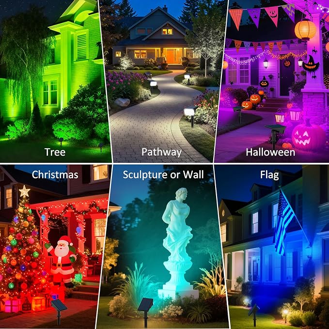 T-SUNUS RGB Solar Landscape Spotlights Christmas Outdoor, IP65 Waterproof Color Spot Light Auto Dusk to Dawn Landscaping Wall Lights for Tree Yard Garden Driveway Porch Walkway Pond Halloween 4 Pack
