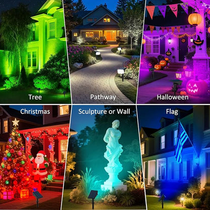 T-SUNUS RGB Solar Landscape Spotlights Christmas Outdoor, IP65 Waterproof Color Spot Light Auto Dusk to Dawn Landscaping Wall Lights for Tree Yard Garden Driveway Porch Walkway Pond Halloween 4 Pack