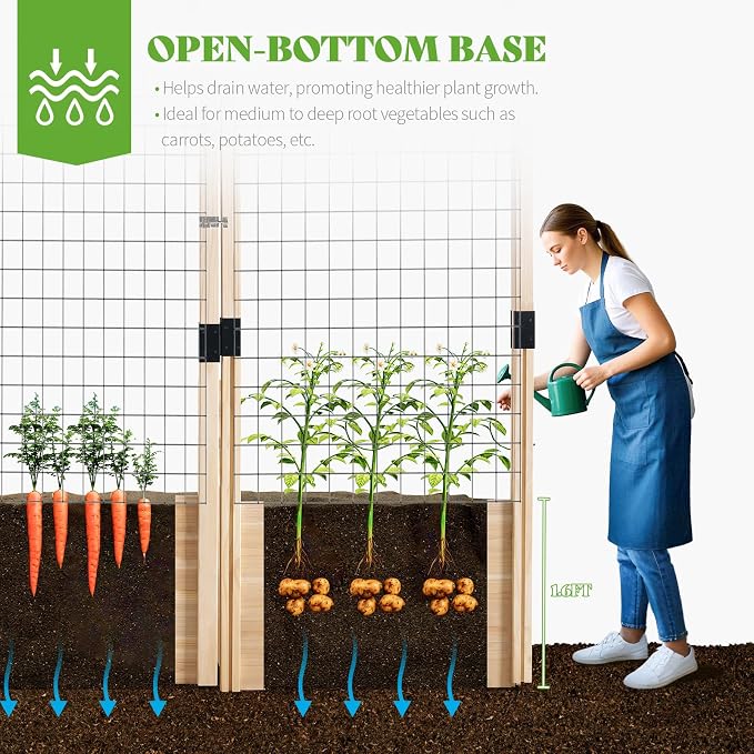 PaPaJet Wooden Raised Garden Bed for Outdoor, Eleven Grid Deep Large Planter Box with Netting for Gardening, Vegetables, Flowers, Herbs（7.5× 14.8× 5.9FT）