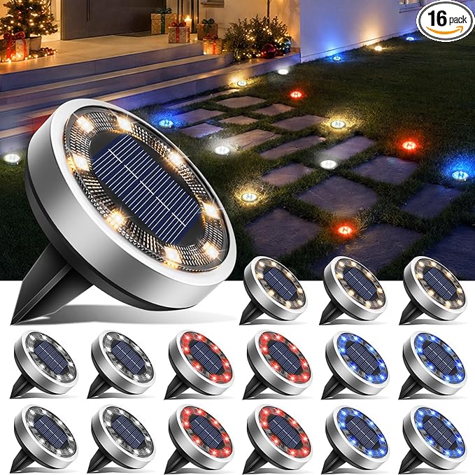 btfarm 16 Pack Solar Lights Outdoor, 8 LED Solar Ground Lights IP65 Waterproof Flat Solar Disc Light, Pathway Lights for Garden Patio Yard Christmas Decorations, Red+Blue+Cool White+Warm White