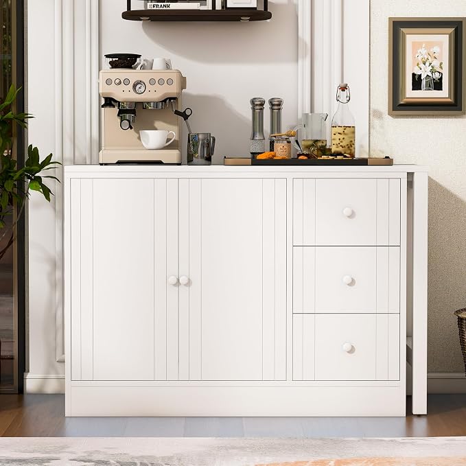 Merax Rustic Buffet Sideboard with Extendable Table, Wood Storage Cabinet with Adjustable Shelves, Multifunctional Coffee Bar for Living Room Kitchen Dining Room White