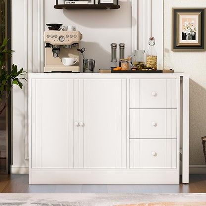 Merax Rustic Buffet Sideboard with Extendable Table, Wood Storage Cabinet with Adjustable Shelves, Multifunctional Coffee Bar for Living Room Kitchen Dining Room White