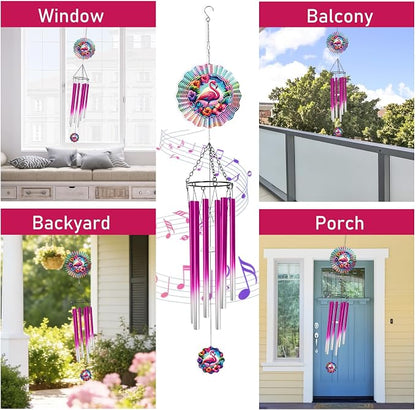 Flamingo Wind Chimes for Outside with Wind Spinner, Summer Garden Patio Yard Porch Decor, Tropical Flower Wind Chime with Colorful Gift Box, Summer Birthday Housewarming Gifts for Women Mom