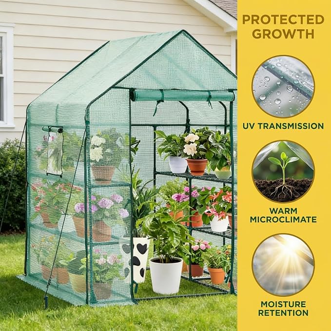 Walk-in Greenhouse with 12 Shelves, 74 x 37 x 49 inch Portable Greenhouse Kit with PVC Cover, Indoor Outdoor Green House for Seed Starting, Plants, Patio, Backyard, Clear Panels, Green