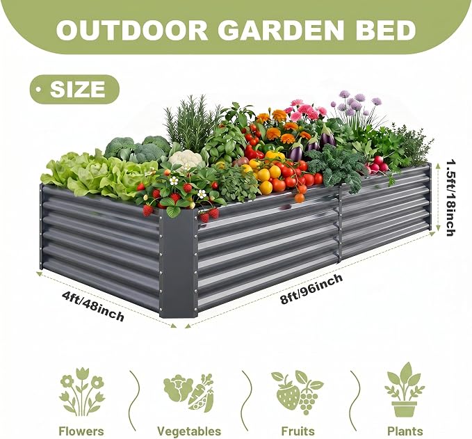 AHEONLAR 2 Pack 8×4×1.5ft Galvanized Raised Garden Beds Outdoor, Rectangle Sturdy and Durable Planter Boxes for Vegetables, Fruits, Flowers and Plants, Easy Assembly, Grey