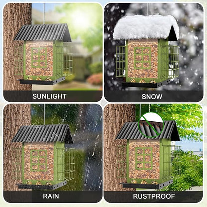 FlowaFoli Bird Feeders for Outdoors Hanging, Metal Bird Feeder with Double Suet Cage Cake, Large Capacity, Birdfeeders Sturdy & Weatherproof, Easy to Clean & Refill, Great for Attracting Wild Birds