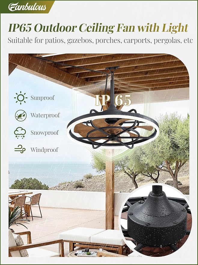 Fanbulous Outdoor Ceiling Fans with Light for Patios, 24" Weatherproof Plug in Ceiling Fan, Gazebo Fan Remote&APP Control, 3CCT Dimmable, Caged Ceiling Fan with Hanging Hook for Porch, Pergola, Canopy