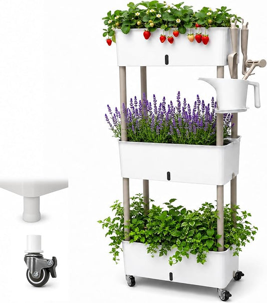 3-Tier 46.7"H Rolling Raised Garden Bed with Wheels, Self Watering Planter Box with Visible Water Level, Gray Rustproof Plastic Herb & Strawberry Planter for Indoor Outdoor Vegetables Flowers, DIY Kit