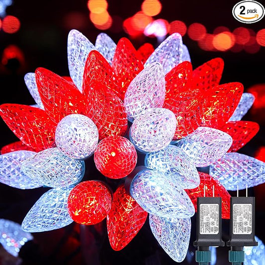 Brightown C9 Christmas Lights Outdoor 2 Pack, Total 162ft 200 LED Red&White | with Timing & Memory, 8 Modes, Connectable, Waterproof - C9 Christmas Lights for Indoor Outside Tree Home Yard Decoration