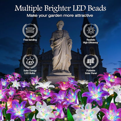 Solar Lights Outdoor Garden Decor - 10 Pack Solar Flowers with 50 Heads Colorful Lily Lights & Glowing Stems, Brighter Waterproof Decorative Garden Lights for Yard, Patio, Flower Bed, Gifts