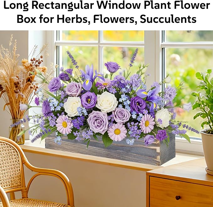 Wood Window Box Planter, 2 Pcs Rectangular Planter Boxes with Removable Plastic Liners, Herb Succulents Flowers Wooden Pot for Windowsill, Rustic Wedding Garden Table Decor, 17.3 x 3.9 x 3.9 Inches