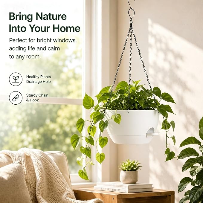 12 Inch Self Watering Hanging Planters 2 Pack, White | Plastic planters with drainage holes and saucers. Suitable for indoor, outdoor, kitchen, balcony and garden plant decor.