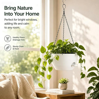 12 Inch Self Watering Hanging Planters 2 Pack, White | Plastic planters with drainage holes and saucers. Suitable for indoor, outdoor, kitchen, balcony and garden plant decor.