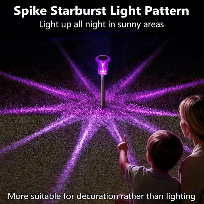 DenicMic Solar Halloween Lights Outdoor 10 Pack Purple LED Halloween Decor | Yard Garden Pathway Walkway Patio Lawn, Spike Style Starburst Pattern, Acrylic/Stainless Steel Halloween Decorations Outdoor