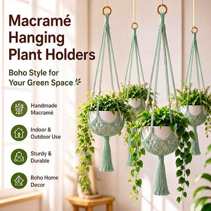 Shappy 1 Pack Boho Macrame Plant Hanger, Large Hanging Planter Plant Holder Pot Hanger Hanging Basket Wall Planters, Plants Lover Gift for Indoor Garden (Wooden Ring and Wooden Beads,Sage Green)