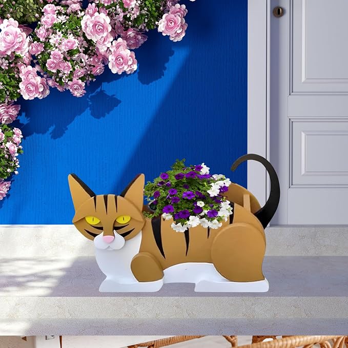 Orange and White Cat Planter Pots, 12.5 x 5.6 x 7.8 Inches | Cat Flower Pot, Cute Animal Shaped Plant Pot, Gifts for Women & Pet Lovers, Indoor Outdoor Garden Home Office Decor