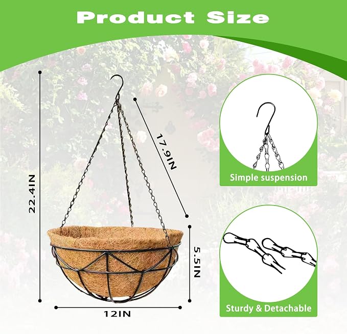 4 Pack 12 Inch Black Metal Hanging Basket Hanging Planter with Coco Coir Liner Heavy Duty Hanging Flower Pot Holder for Indoor Outdoor Patio Garden Porch Balcony Decor (Geometric)