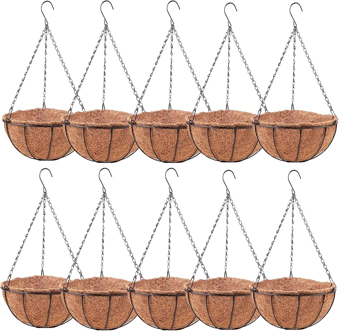 LaLaGreen Hanging Baskets (8 Inch, 10 Pack) Small Hanging Planter with Coco Liner Round Flower Pots, Black Outdoor Planters Basket Metal Wire Holder Hook Deck Porch Modern Garden Balcony Decorations