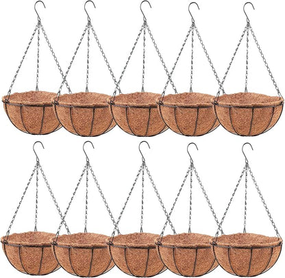 LaLaGreen Hanging Baskets (8 Inch, 10 Pack) Small Hanging Planter with Coco Liner Round Flower Pots, Black Outdoor Planters Basket Metal Wire Holder Hook Deck Porch Modern Garden Balcony Decorations