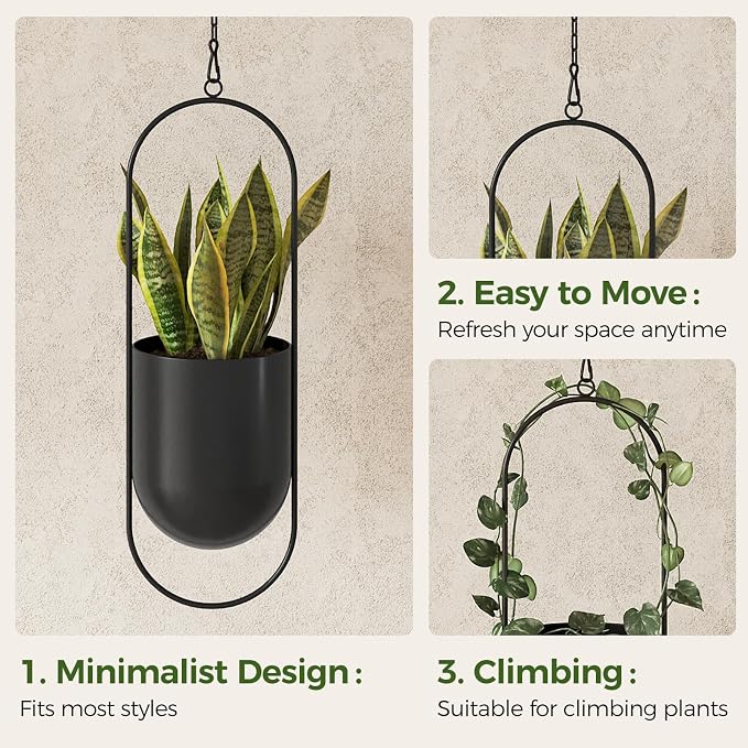 Bamworld Black Hanging Planters for Indoor Outdoor Plants Metal Hanging Pots for Plants 5.5 Inch Modern Hanging Baskets Window Plant Hanger Ceiling Hanging Flower Pots with Chain for Wall Decor