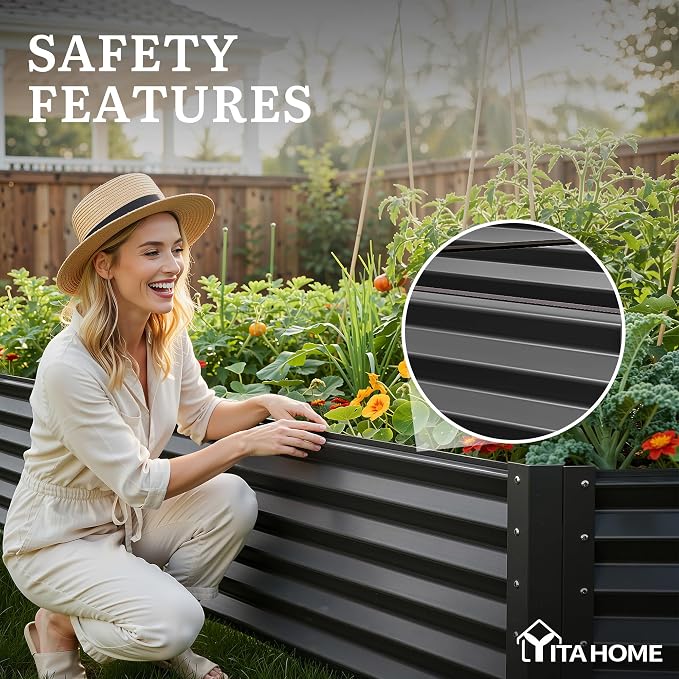 YITAHOME 2pcs 8x4x1.5ft Galvanized Raised Garden Bed, Metal Planter Box with Safety Rubber, Gloves, Outdoor Flower Bed for Planting Plants Vegetabless, Black